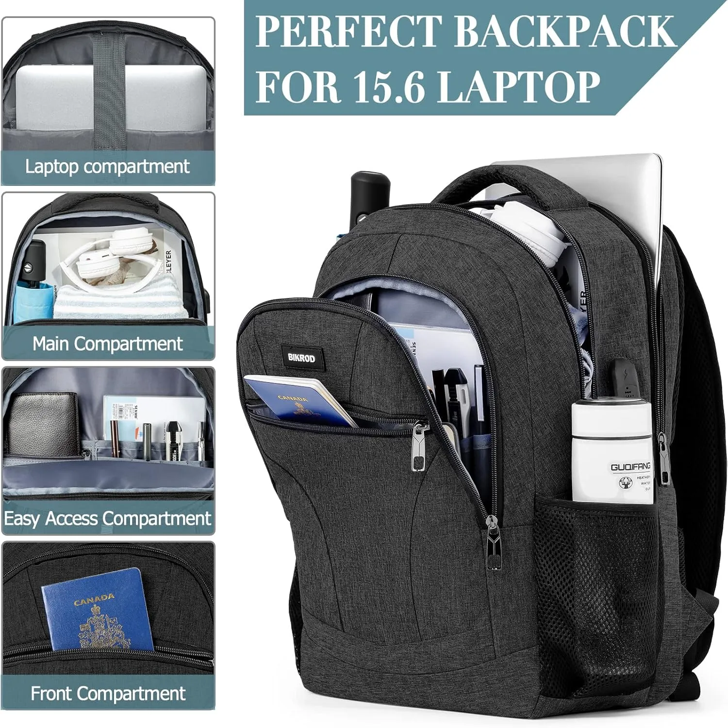 Backpack for Men and Women, Backpacks for School Teen Boys, Colleges Water Resistant Back Pack with USB Charging Port, Sturdy Computer Bag Gifts Fits 15.6 Inch Laptop, Black