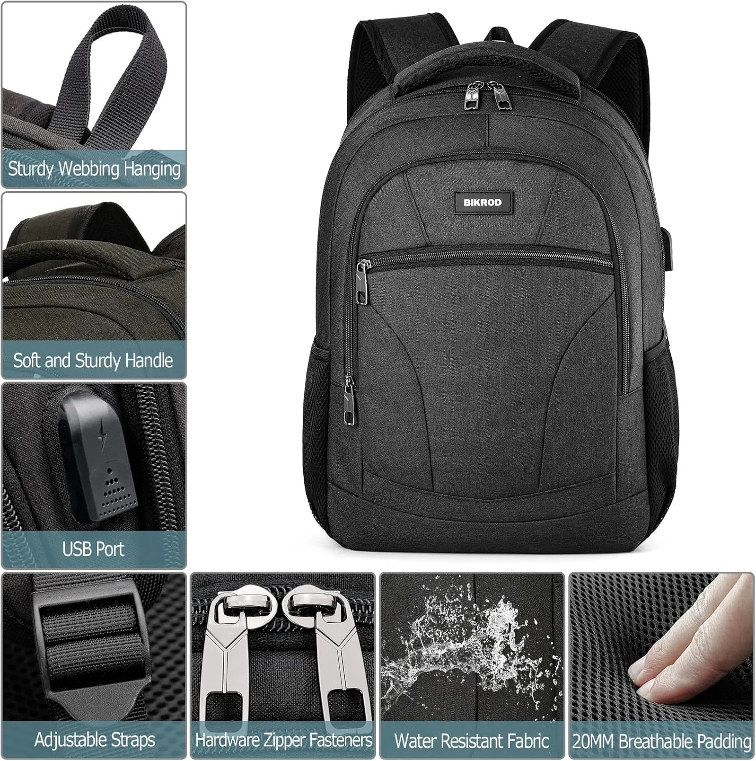 Backpack for Men and Women, Backpacks for School Teen Boys, Colleges Water Resistant Back Pack with USB Charging Port, Sturdy Computer Bag Gifts Fits 15.6 Inch Laptop, Black