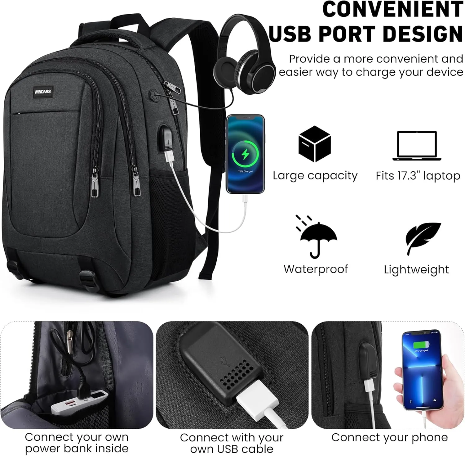 Backpack for Men and Women, School Backpacks for Teens Boys, 17.3 Inch Large College Bookbag Durable Computer Laptop Bag with USB Charger Port for Business Work Travel, Black