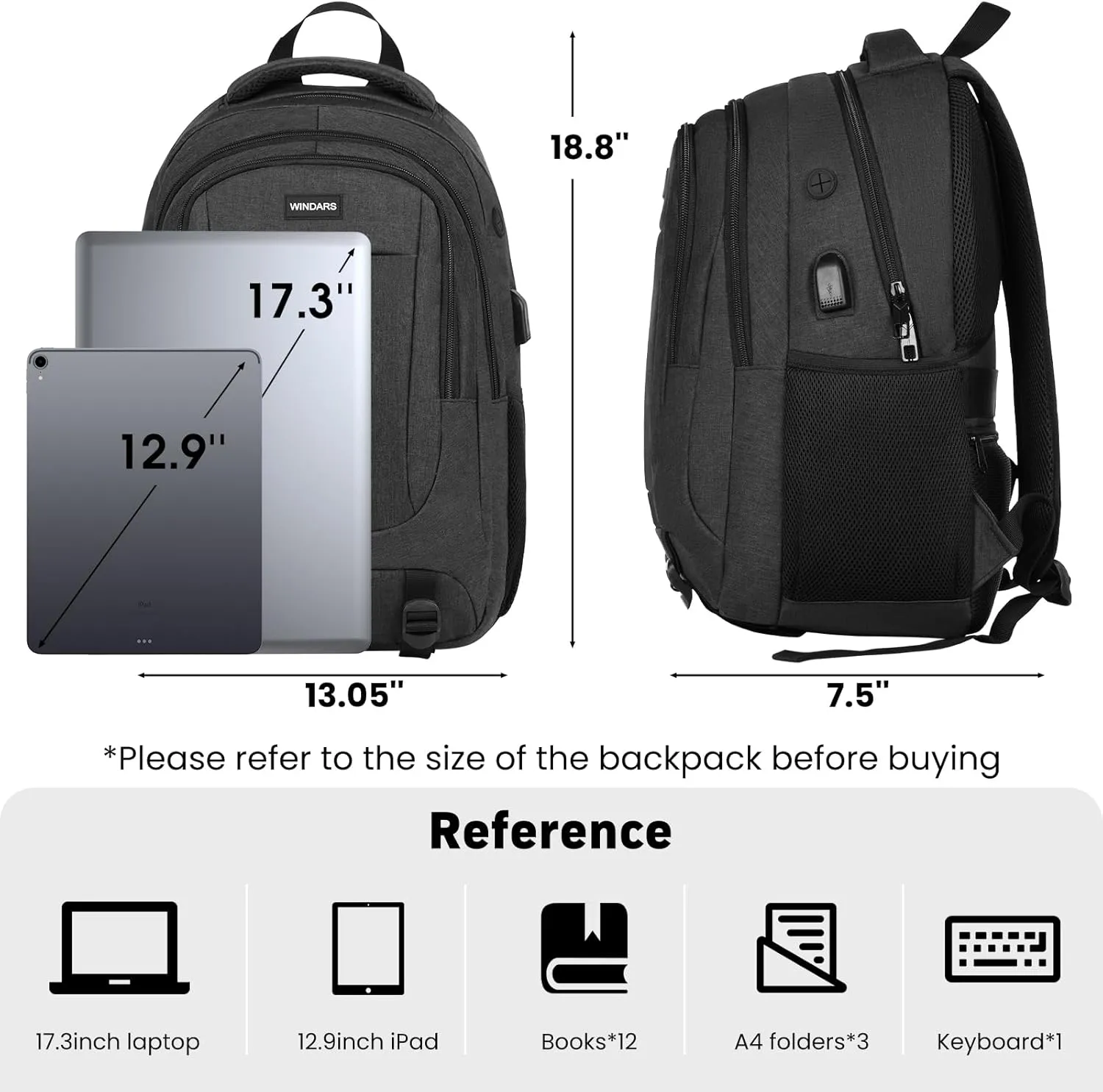 Backpack for Men and Women, School Backpacks for Teens Boys, 17.3 Inch Large College Bookbag Durable Computer Laptop Bag with USB Charger Port for Business Work Travel, Black