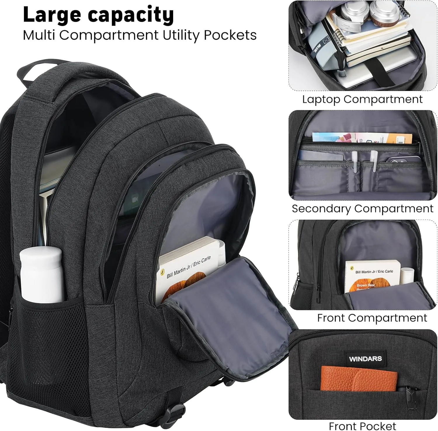 Backpack for Men and Women, School Backpacks for Teens Boys, 17.3 Inch Large College Bookbag Durable Computer Laptop Bag with USB Charger Port for Business Work Travel, Black