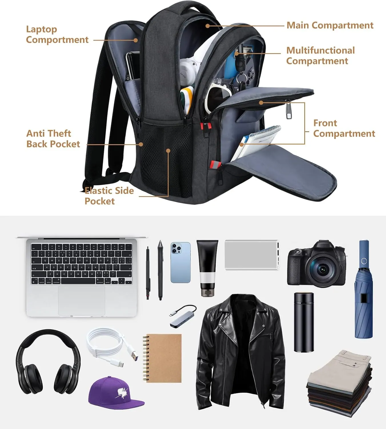 Backpack for Men Women, School Backpack, Large Quilted College Bookbag for Men, Water Resistant Travel Work Backpacks, Business Computer Back Pack with USB Charging Port, Fits 17" Laptop Black