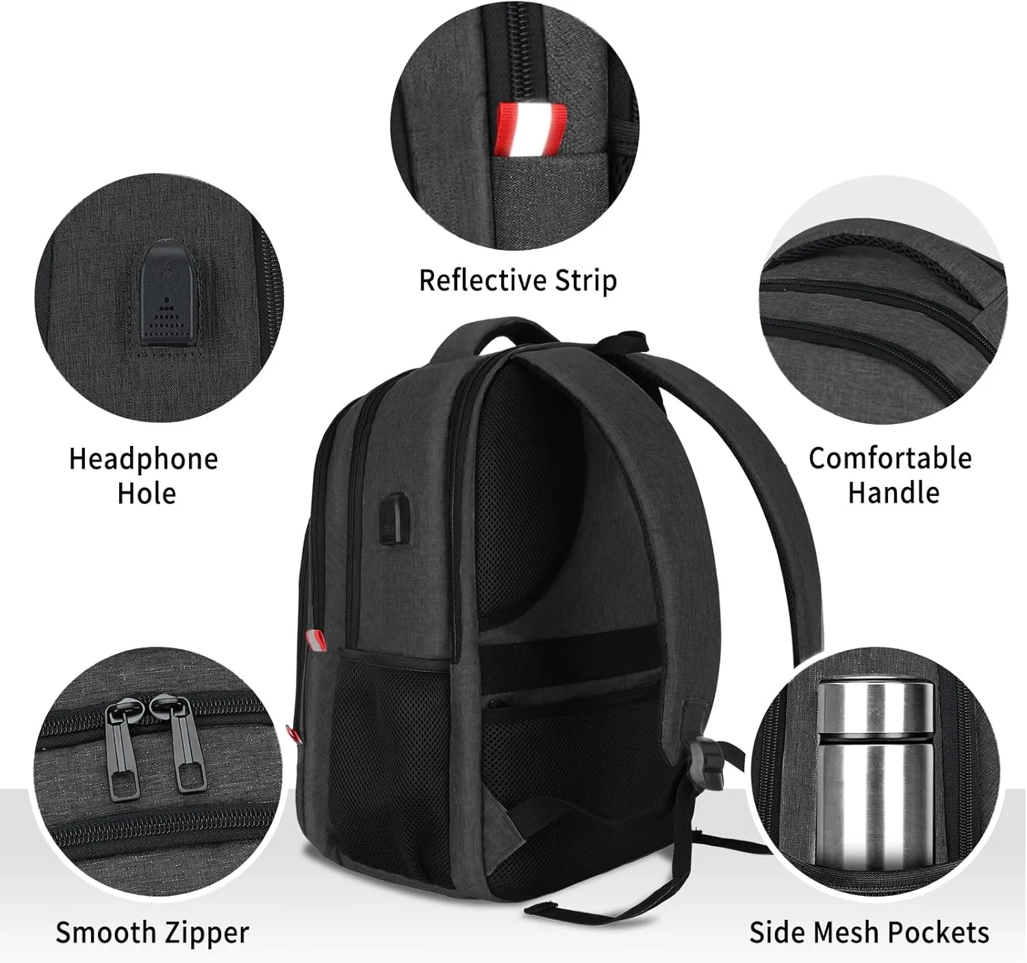 Backpack for Men Women, School Backpack, Large Quilted College Bookbag for Men, Water Resistant Travel Work Backpacks, Business Computer Back Pack with USB Charging Port, Fits 17" Laptop Black