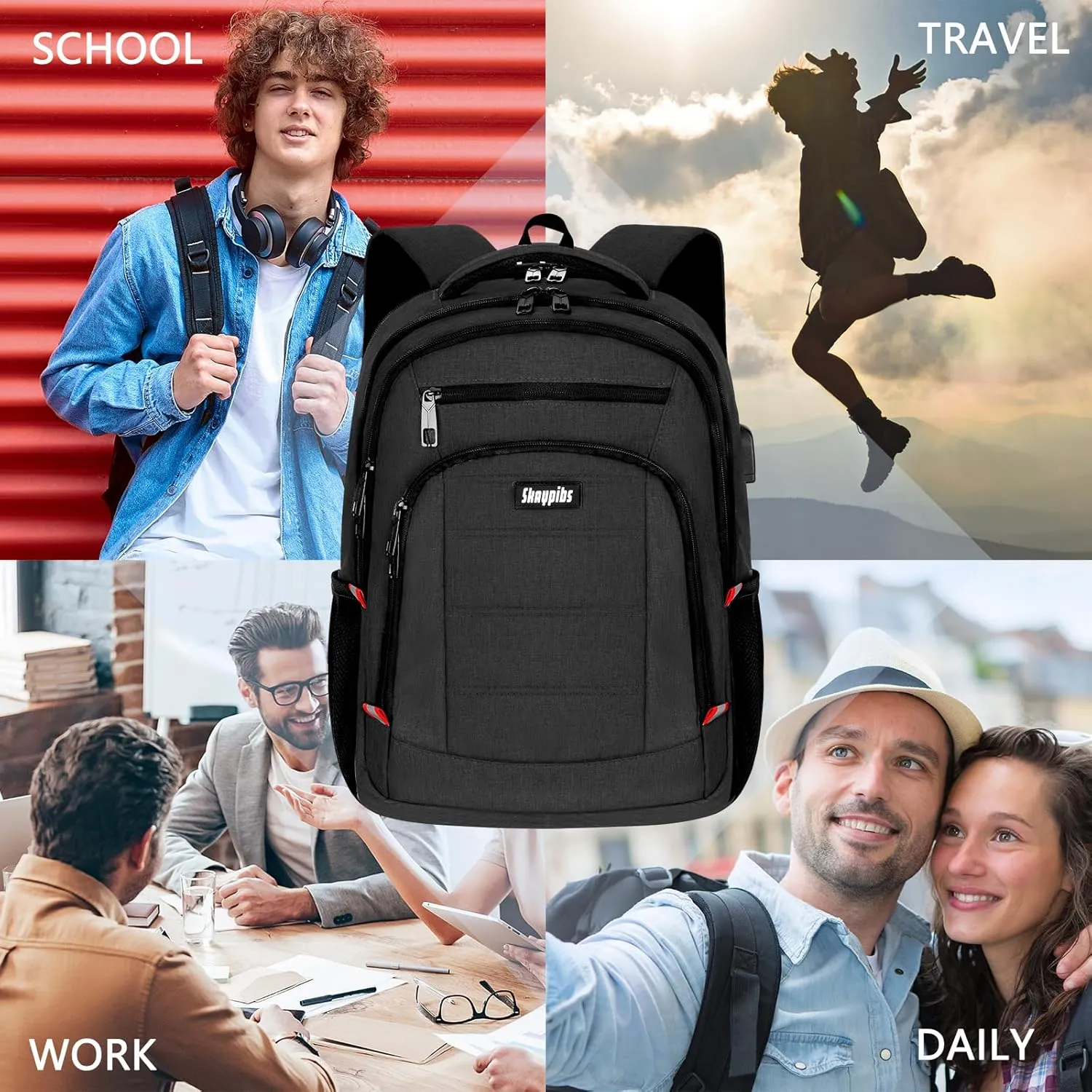 Backpack for Men Women, School Backpack, Large Quilted College Bookbag for Men, Water Resistant Travel Work Backpacks, Business Computer Back Pack with USB Charging Port, Fits 17" Laptop Black