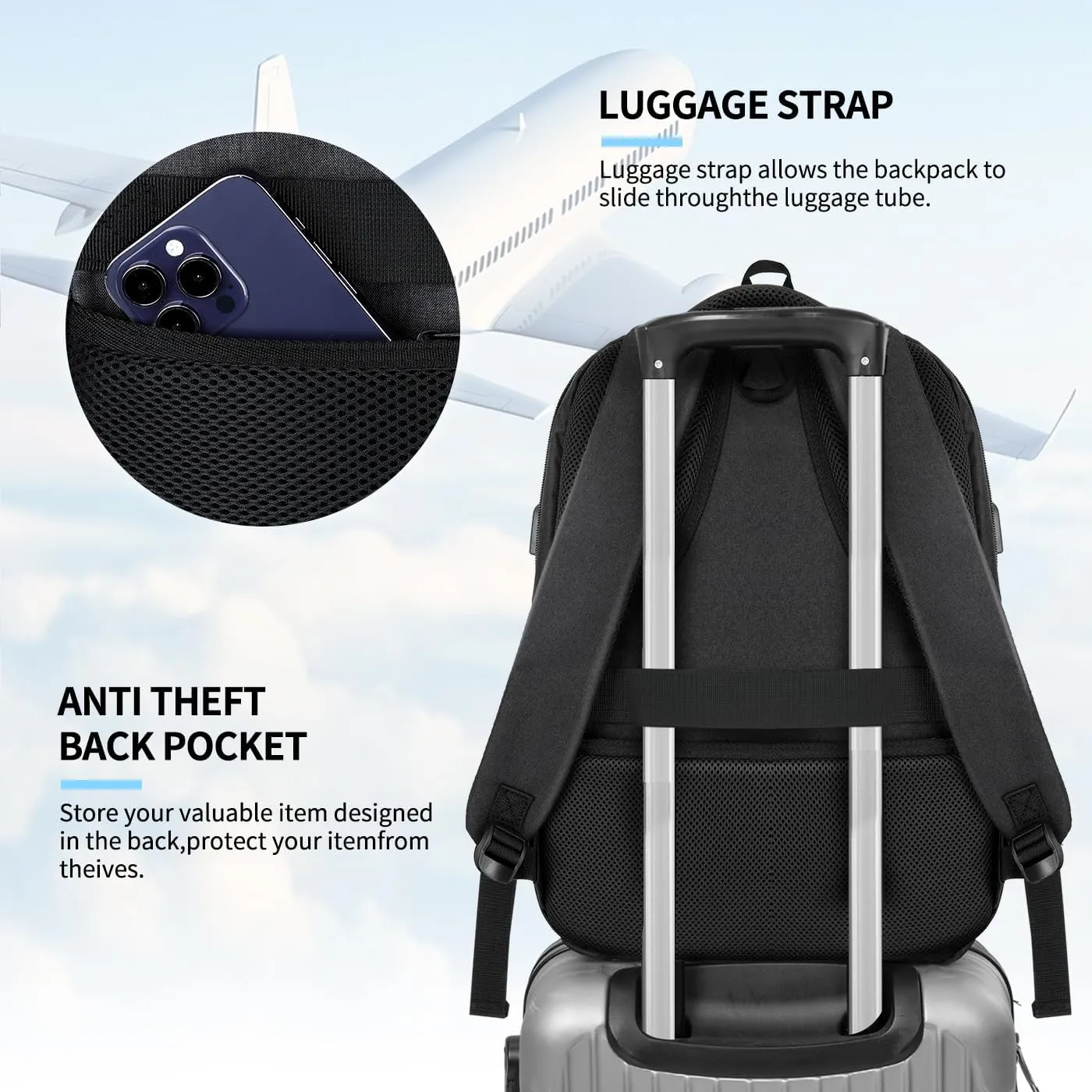 Backpack for Men Women, School Backpack, Large Quilted College Bookbag for Men, Water Resistant Travel Work Backpacks, Business Computer Back Pack with USB Charging Port, Fits 17" Laptop Black