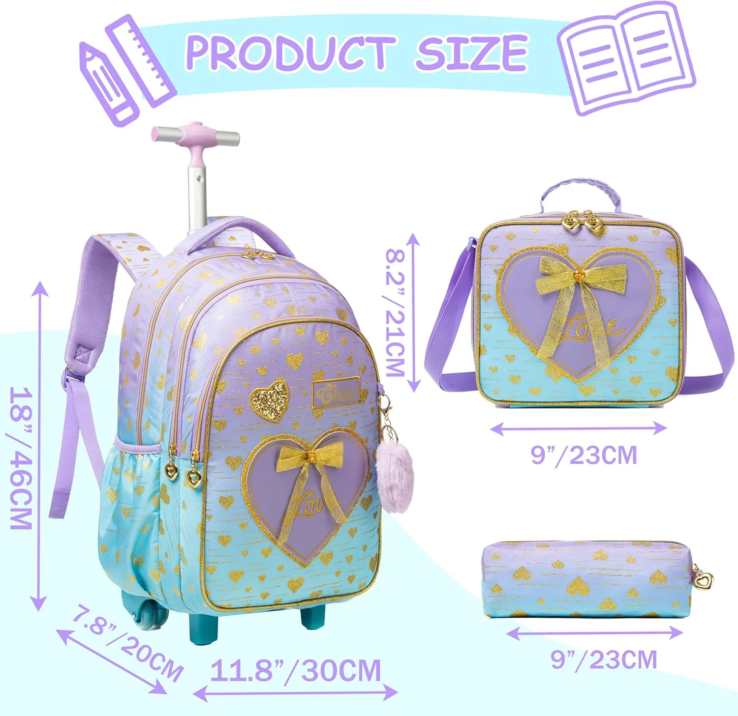 Backpack with Wheels for Girls 8-12 Rolling Backpack for Girls with Lunch Box Backpacks for Girls Cute Bowknot Travel Roller Wheeled Bookbag