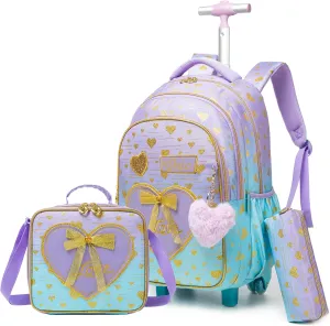 Backpack with Wheels for Girls 8-12 Rolling Backpack for Girls with Lunch Box Backpacks for Girls Cute Bowknot Travel Roller Wheeled Bookbag