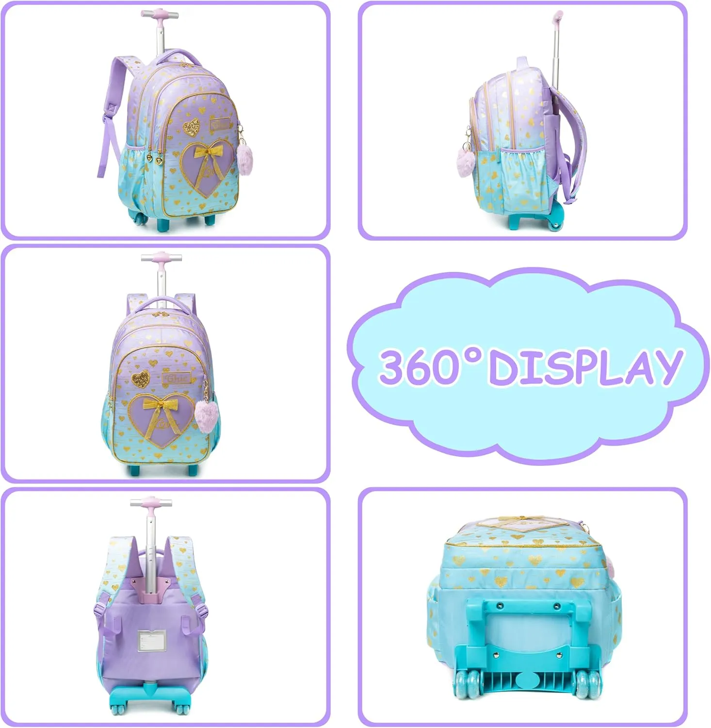 Backpack with Wheels for Girls 8-12 Rolling Backpack for Girls with Lunch Box Backpacks for Girls Cute Bowknot Travel Roller Wheeled Bookbag