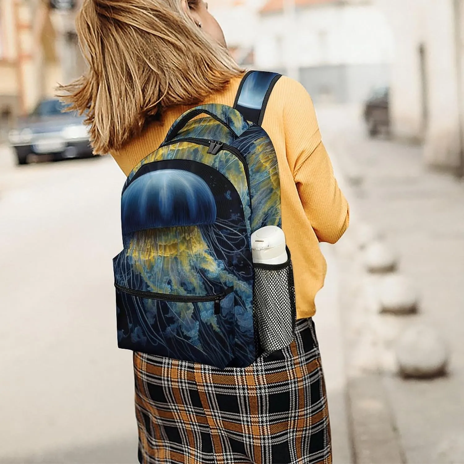 Backpacks Blue And Gold Jellyfish Travel Bag Laptop Backpack Casual Daypack for Weekender Business Hiking