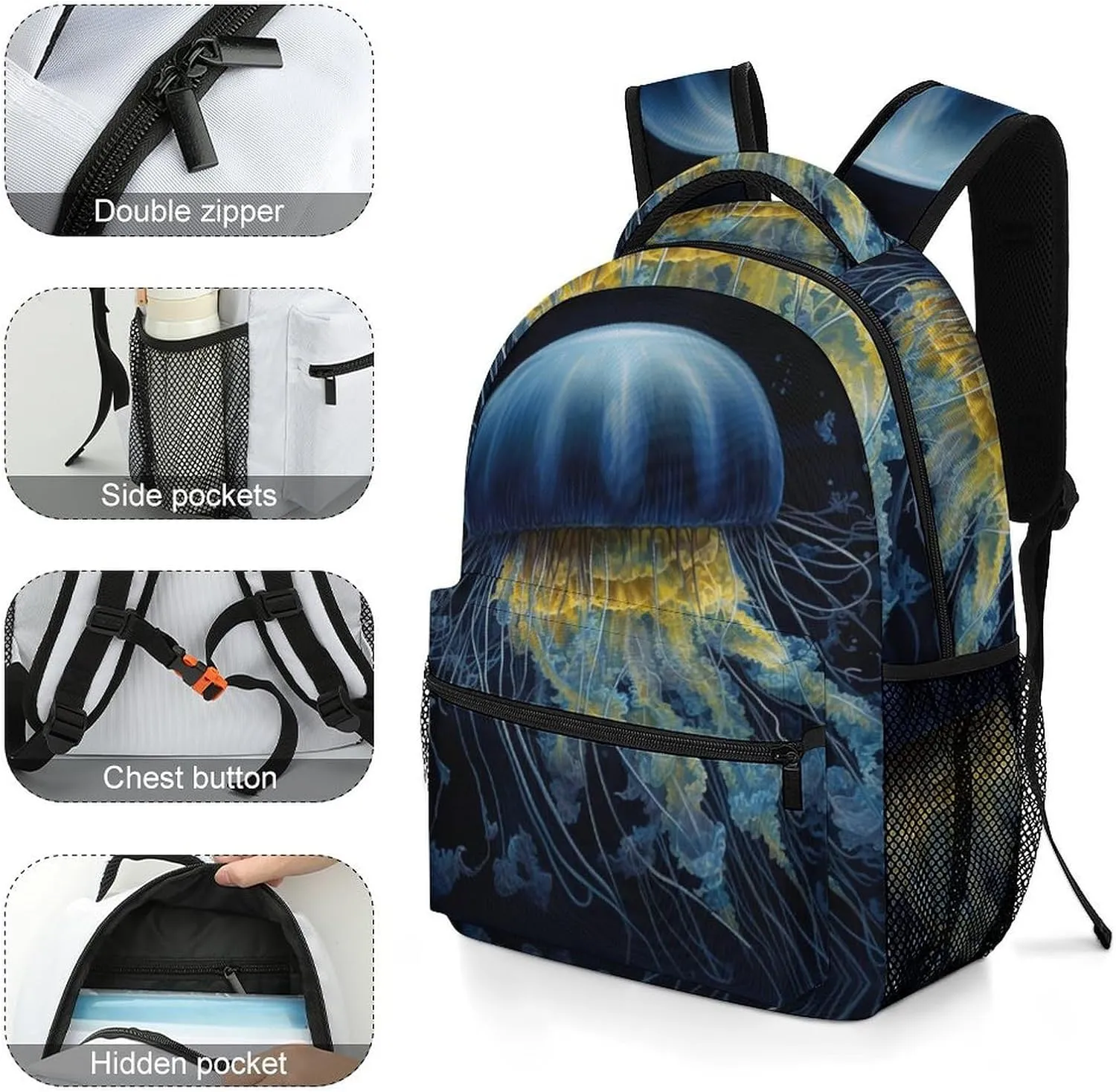 Backpacks Blue And Gold Jellyfish Travel Bag Laptop Backpack Casual Daypack for Weekender Business Hiking