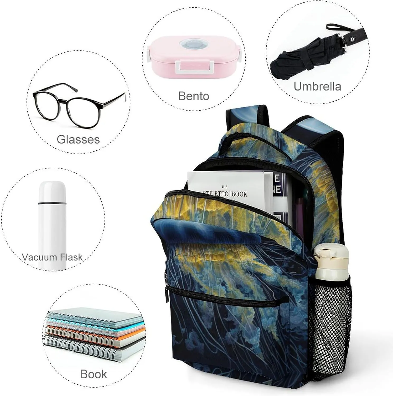 Backpacks Blue And Gold Jellyfish Travel Bag Laptop Backpack Casual Daypack for Weekender Business Hiking