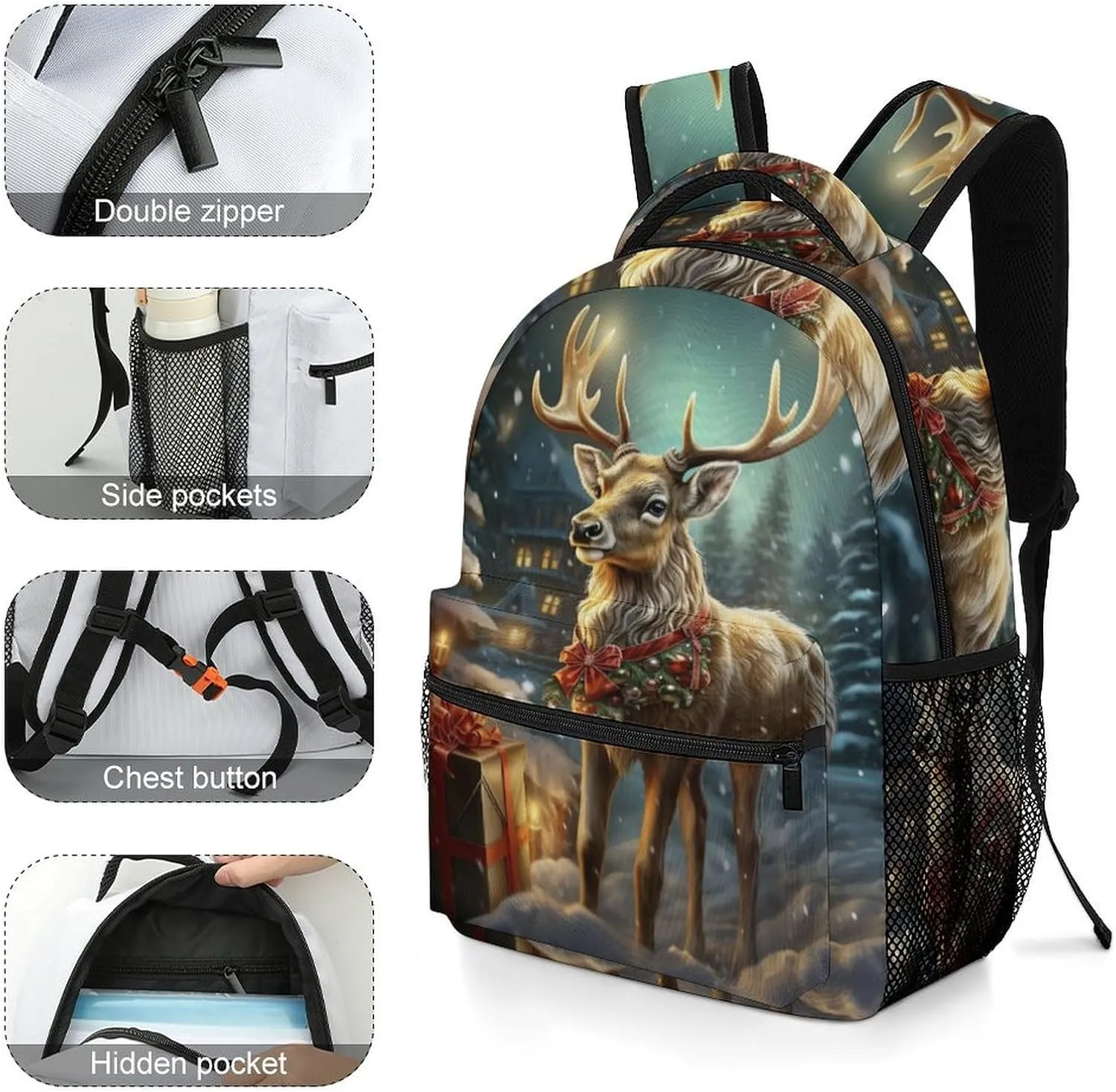 Backpacks Christmas Gift Reindeer Travel Bag Laptop Backpack Casual Daypack for Weekender Business Hiking