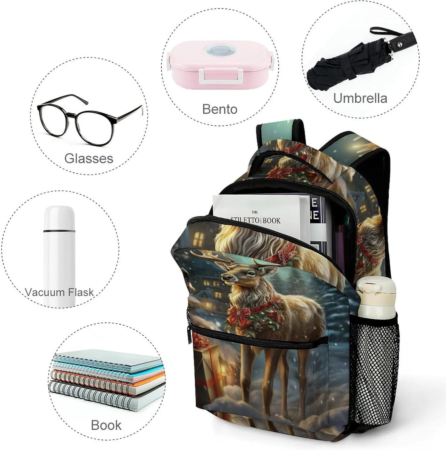 Backpacks Christmas Gift Reindeer Travel Bag Laptop Backpack Casual Daypack for Weekender Business Hiking