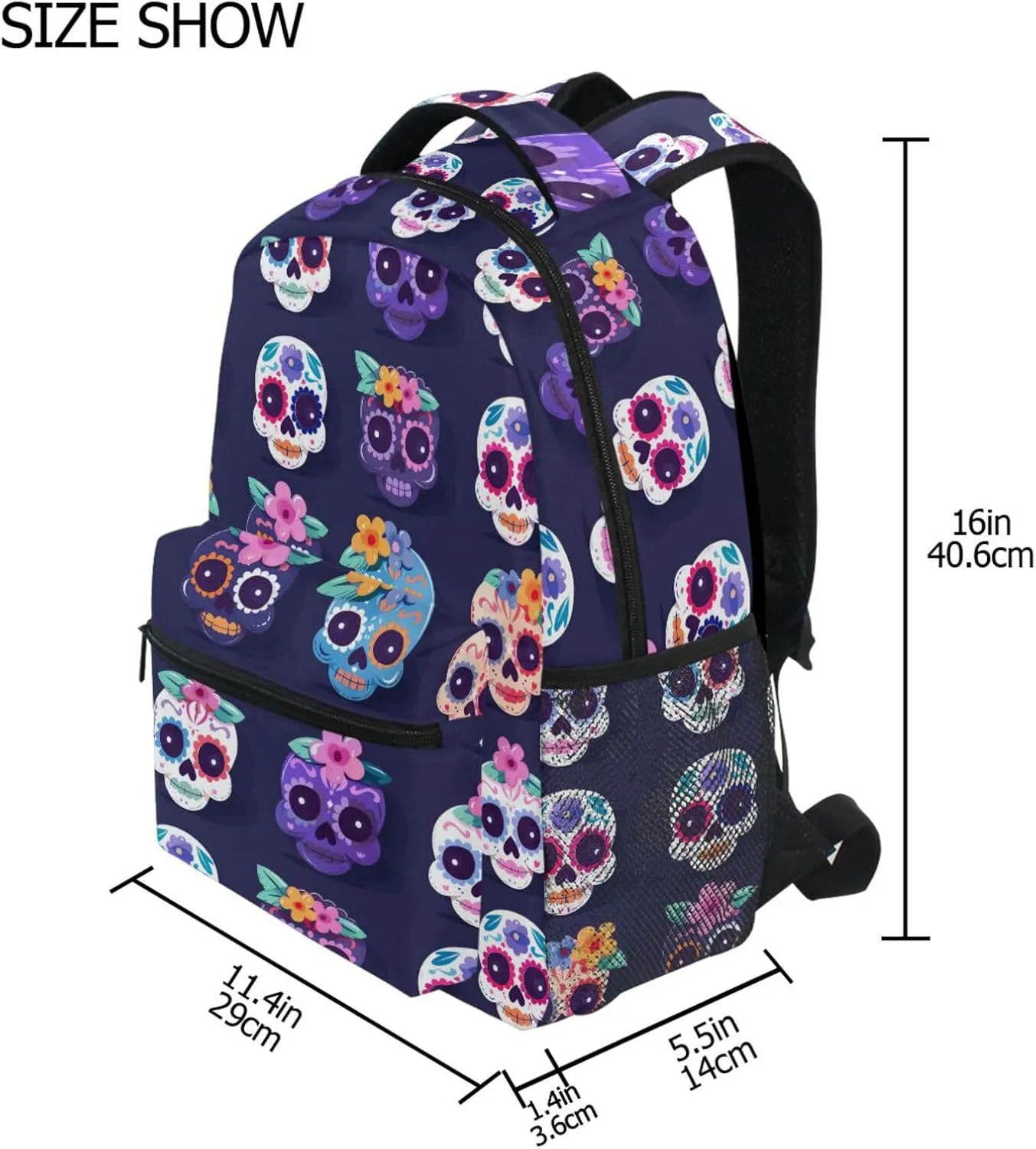 Backpacks for Teens Boys Girls Fashion Backpack With Water Bottle Pocket with Chest Strap for College Work Festive Cute Sugar Skulls
