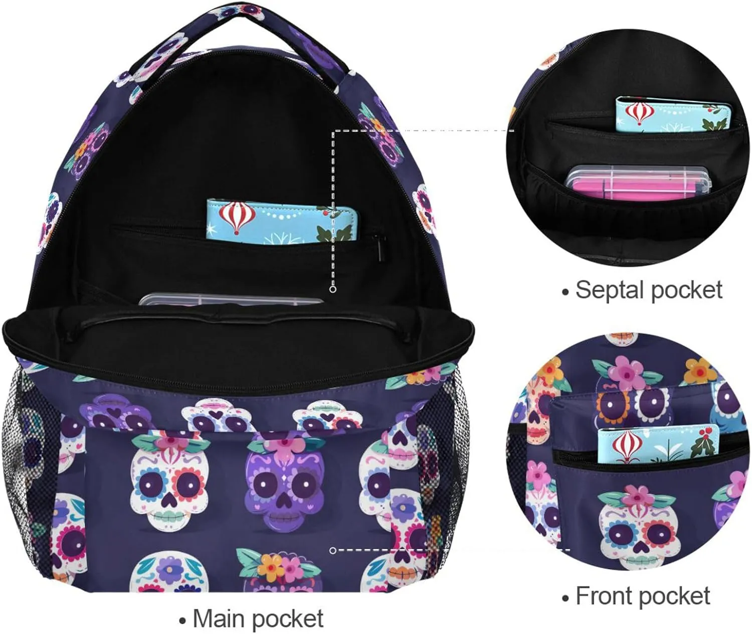 Backpacks for Teens Boys Girls Fashion Backpack With Water Bottle Pocket with Chest Strap for College Work Festive Cute Sugar Skulls