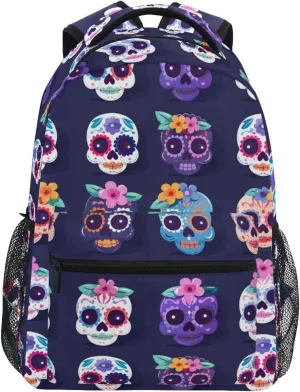 Backpacks for Teens Boys Girls Fashion Backpack With Water Bottle Pocket with Chest Strap for College Work Festive Cute Sugar Skulls