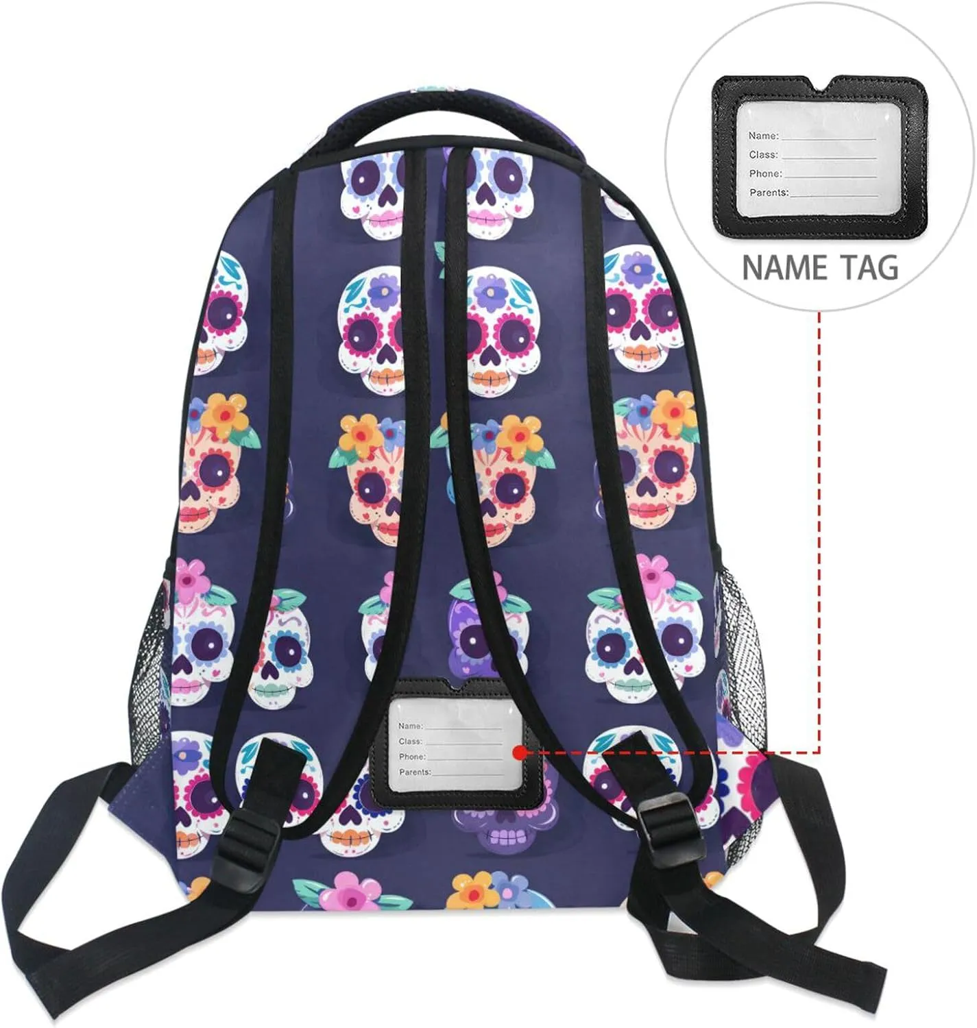 Backpacks for Teens Boys Girls Fashion Backpack With Water Bottle Pocket with Chest Strap for College Work Festive Cute Sugar Skulls