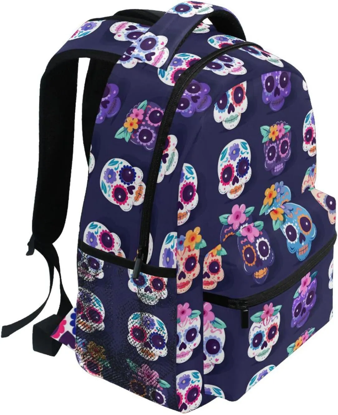 Backpacks for Teens Boys Girls Fashion Backpack With Water Bottle Pocket with Chest Strap for College Work Festive Cute Sugar Skulls