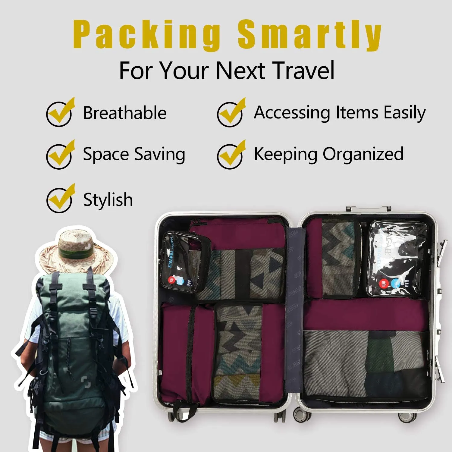 BAGAIL 8 Set/9 Set Packing Cubes Luggage Packing Organizer for Travel, Suitcase Packing Bags for Travel Accessories
