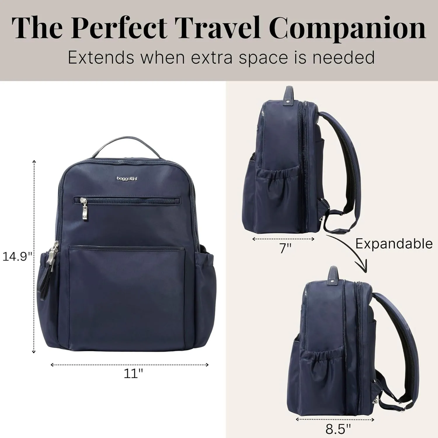 Baggallini Tribeca Expandable Laptop Backpack - 15"x11" Lightweight Work Travel Bag w/Luggage Sleeve & RFID