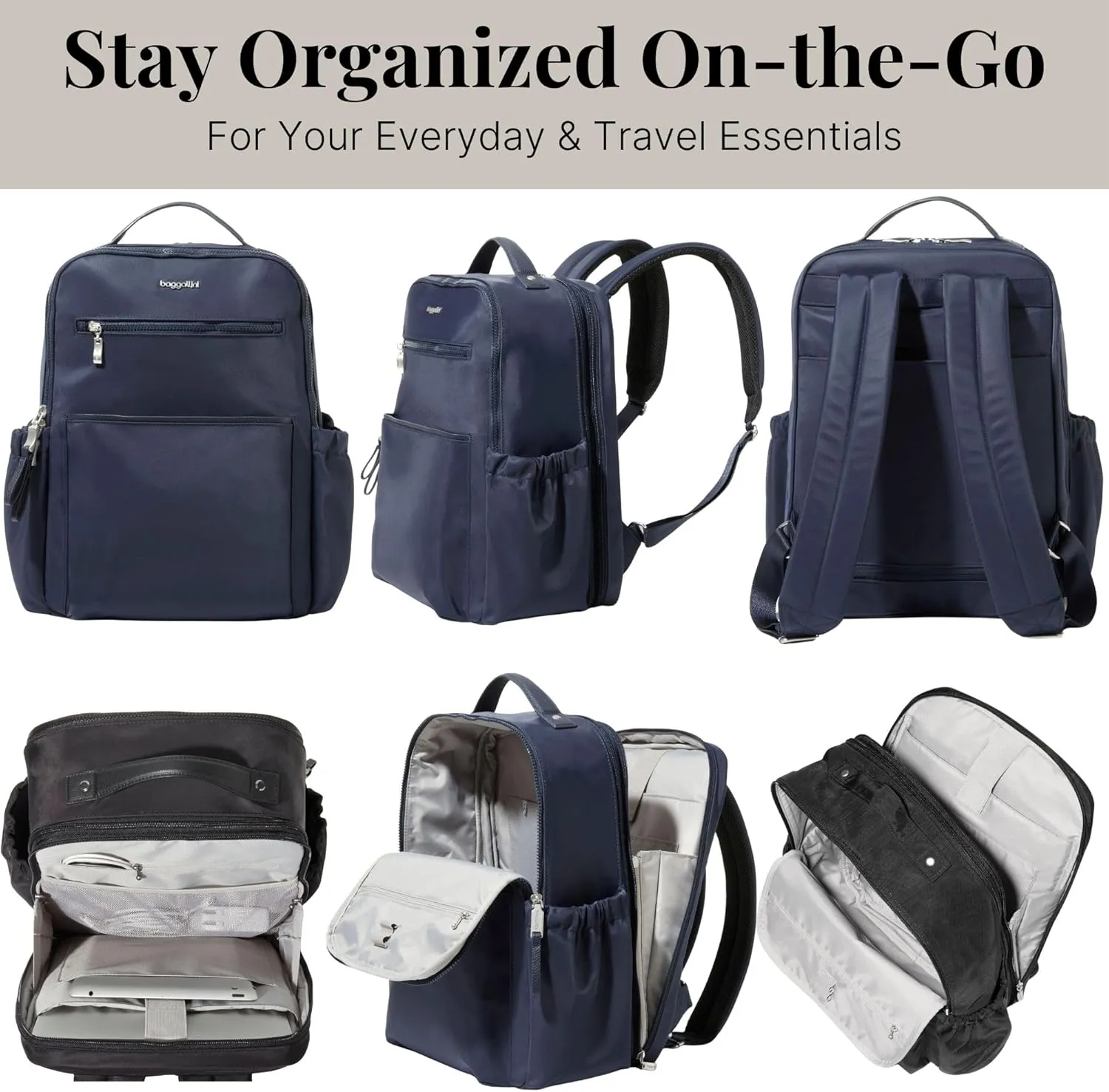 Baggallini Tribeca Expandable Laptop Backpack - 15"x11" Lightweight Work Travel Bag w/Luggage Sleeve & RFID