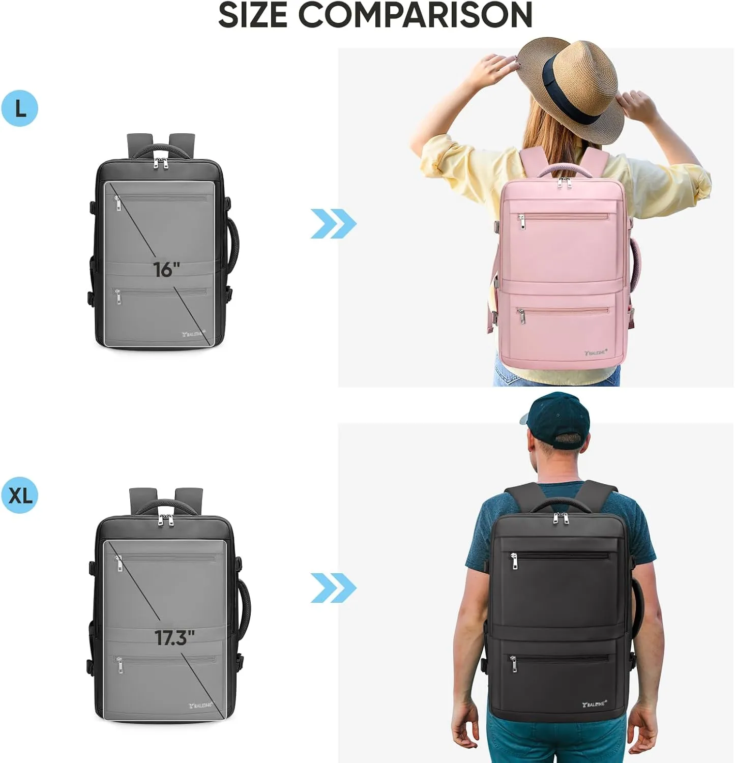 BALEINE Travel Backpack for Women Men, Large Sturdy Carry On Laptop Backpack Gifts for Business, Casual, Weekender, Hiking (Large, Black)