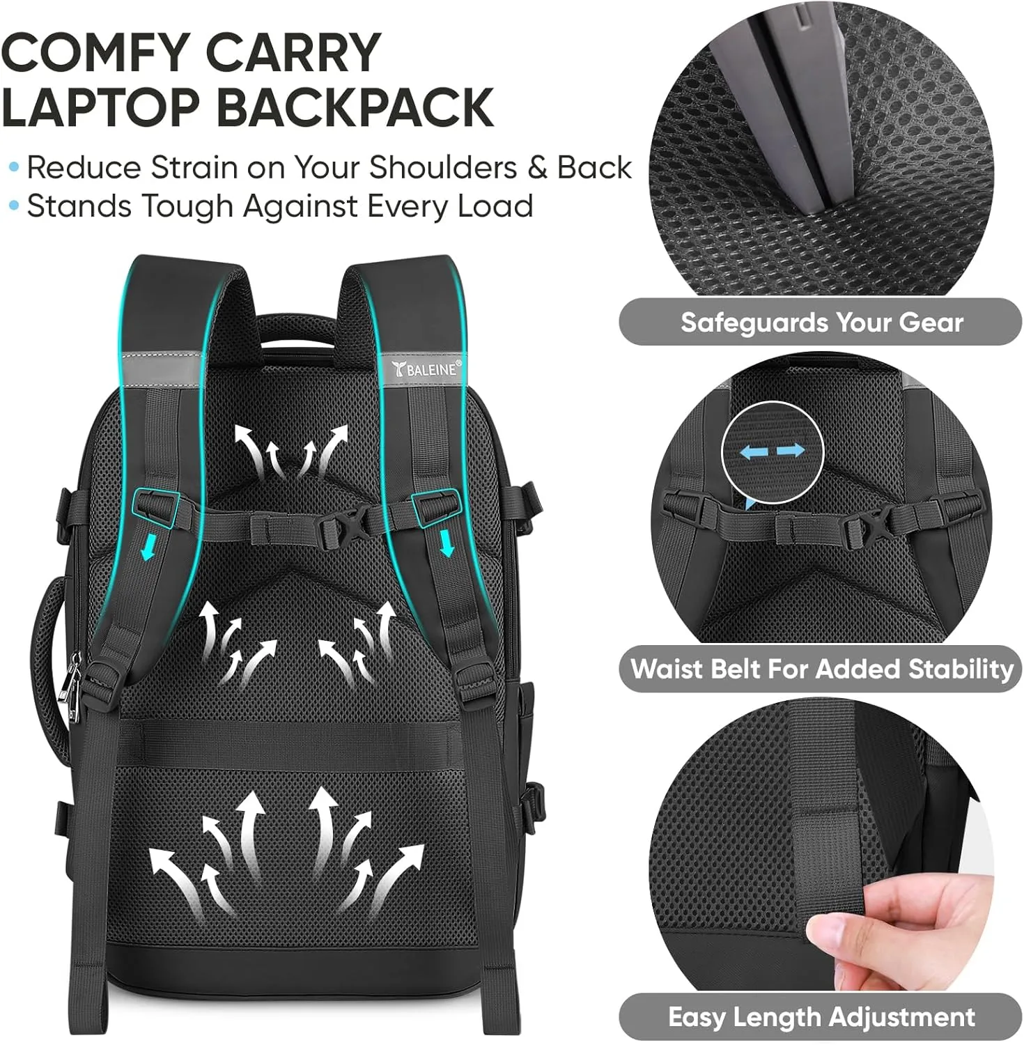 BALEINE Travel Backpack for Women Men, Large Sturdy Carry On Laptop Backpack Gifts for Business, Casual, Weekender, Hiking (Large, Black)