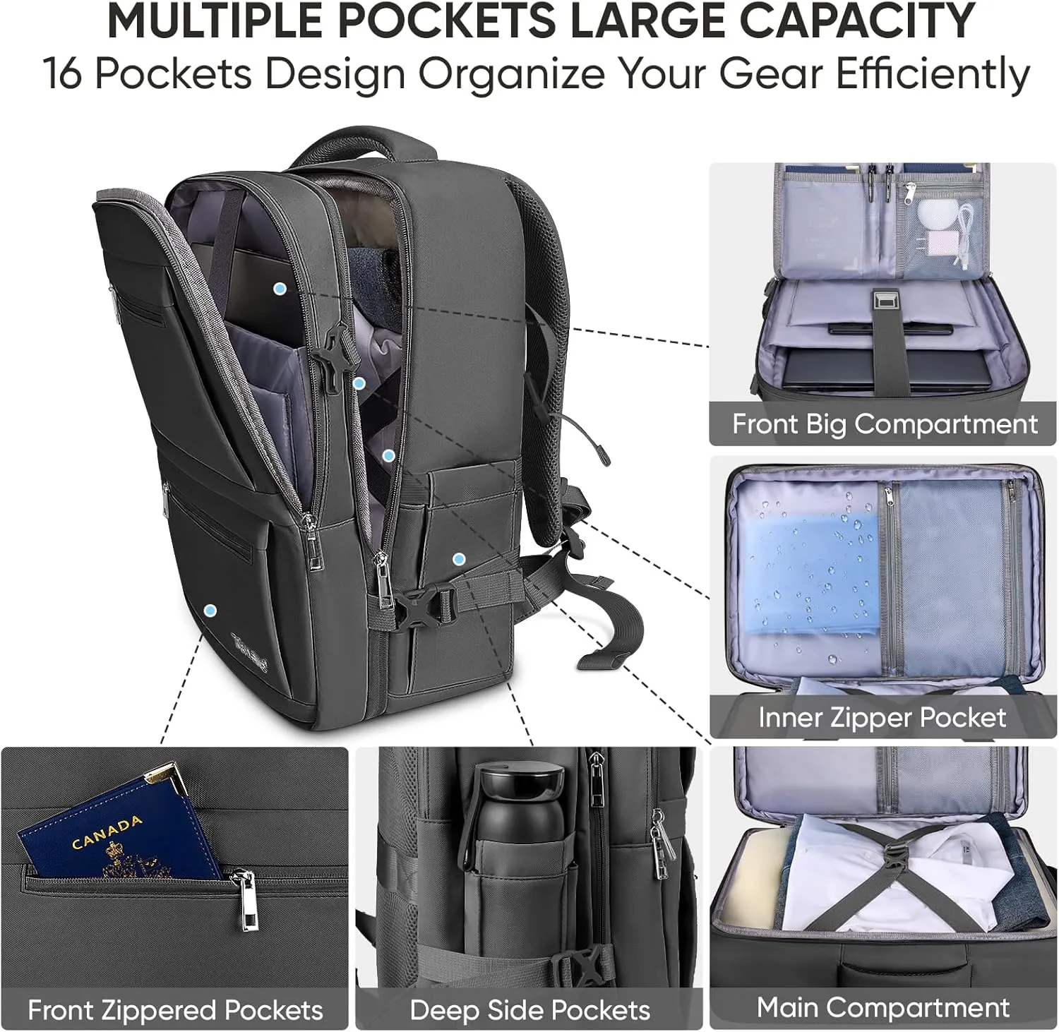 BALEINE Travel Backpack for Women Men, Large Sturdy Carry On Laptop Backpack Gifts for Business, Casual, Weekender, Hiking (Large, Black)