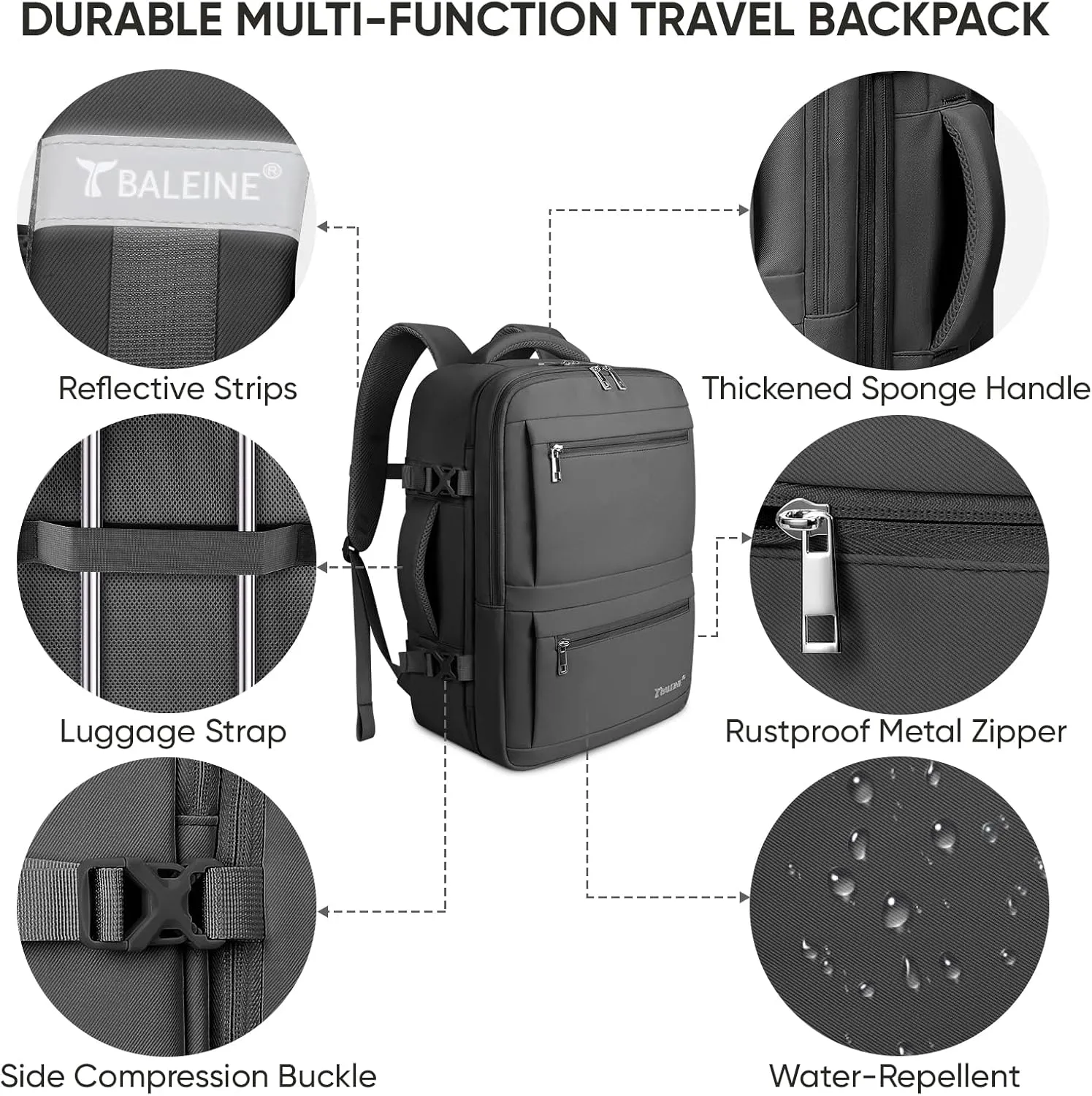 BALEINE Travel Backpack for Women Men, Large Sturdy Carry On Laptop Backpack Gifts for Business, Casual, Weekender, Hiking (Large, Black)