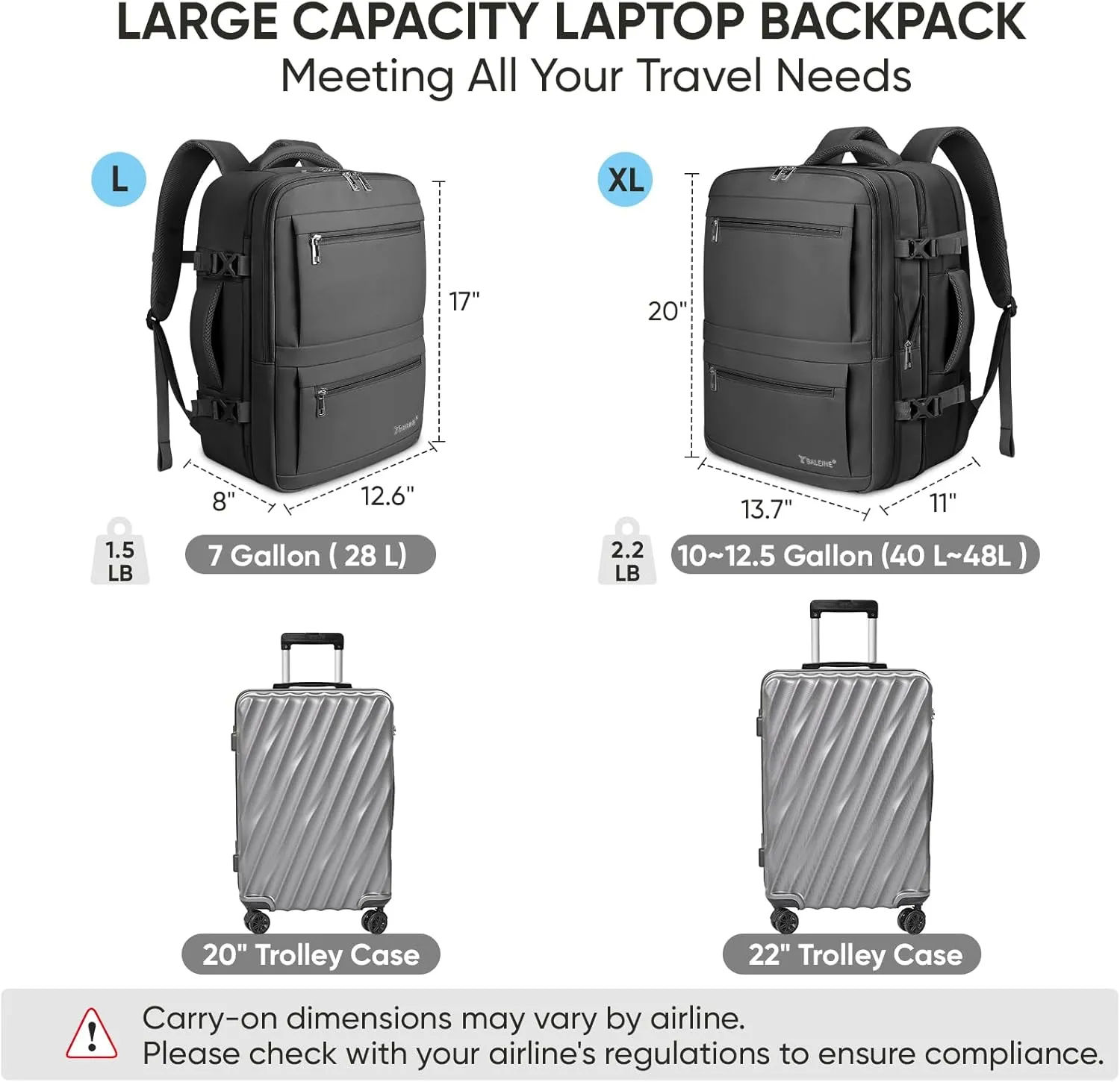 BALEINE Travel Backpack for Women Men, Large Sturdy Carry On Laptop Backpack Gifts for Business, Casual, Weekender, Hiking (Large, Black)