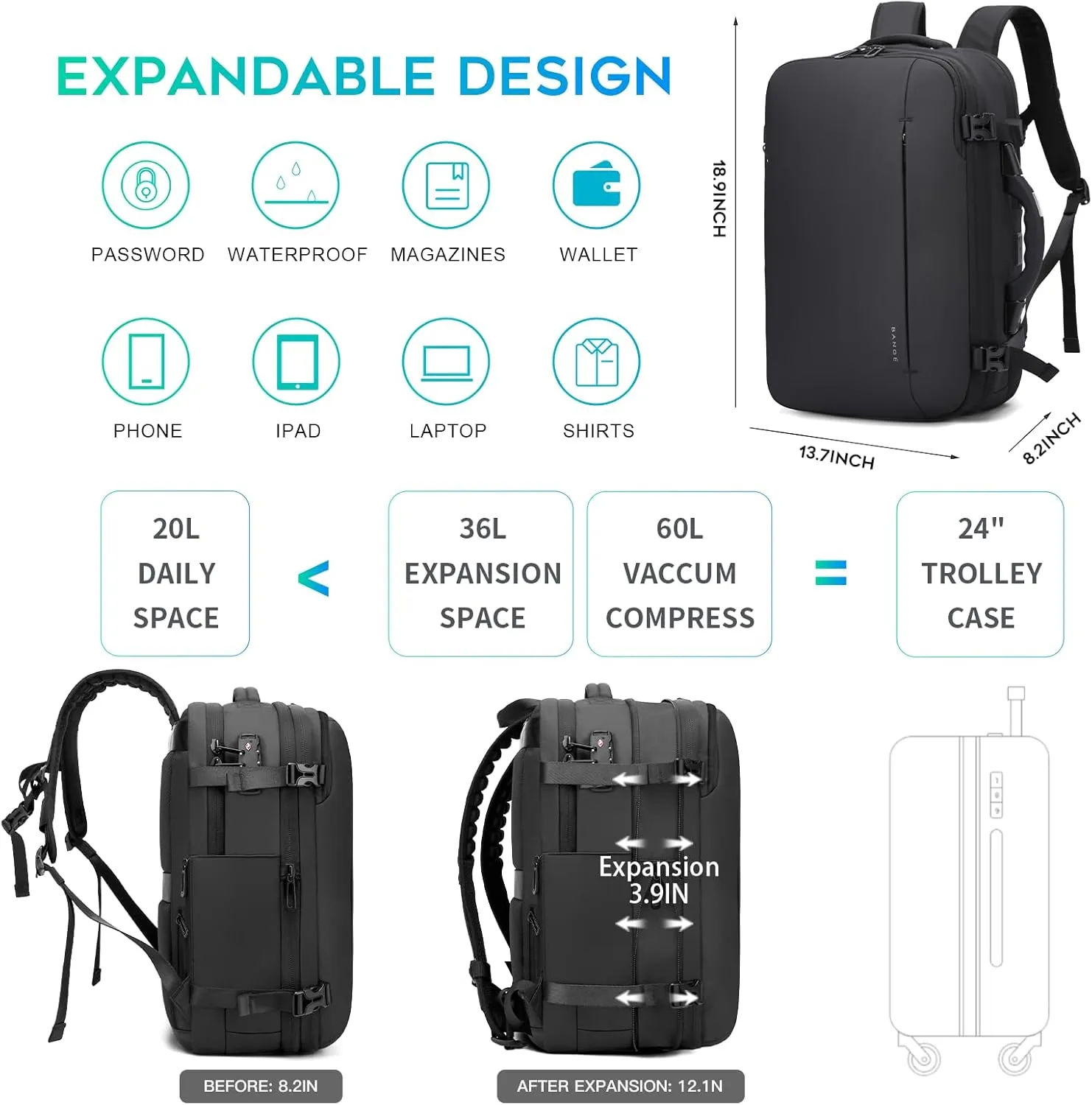 BANGE Airback Backpack with electronic scaleVacuum Compression Travel Backpack,Expandable Backpacks with Pump for Airplanes (No Air Pump)