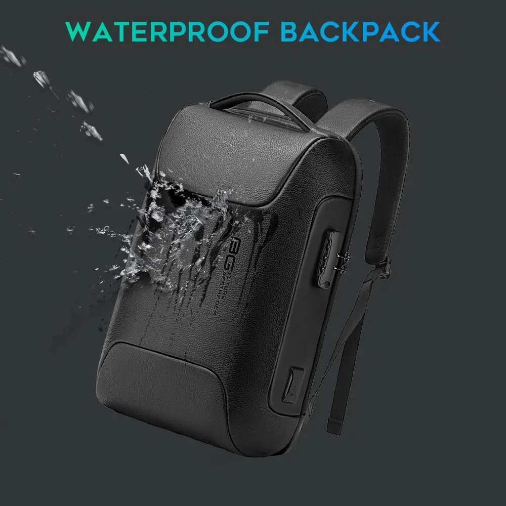 BANGE Black Genuine Leather Laptop Backpack for Men，Anti Theft Business Backpack with USB3.0 Charging Port, Smart Professional Lightweight Travel Backpacks for 15.6 Inch Laptop…