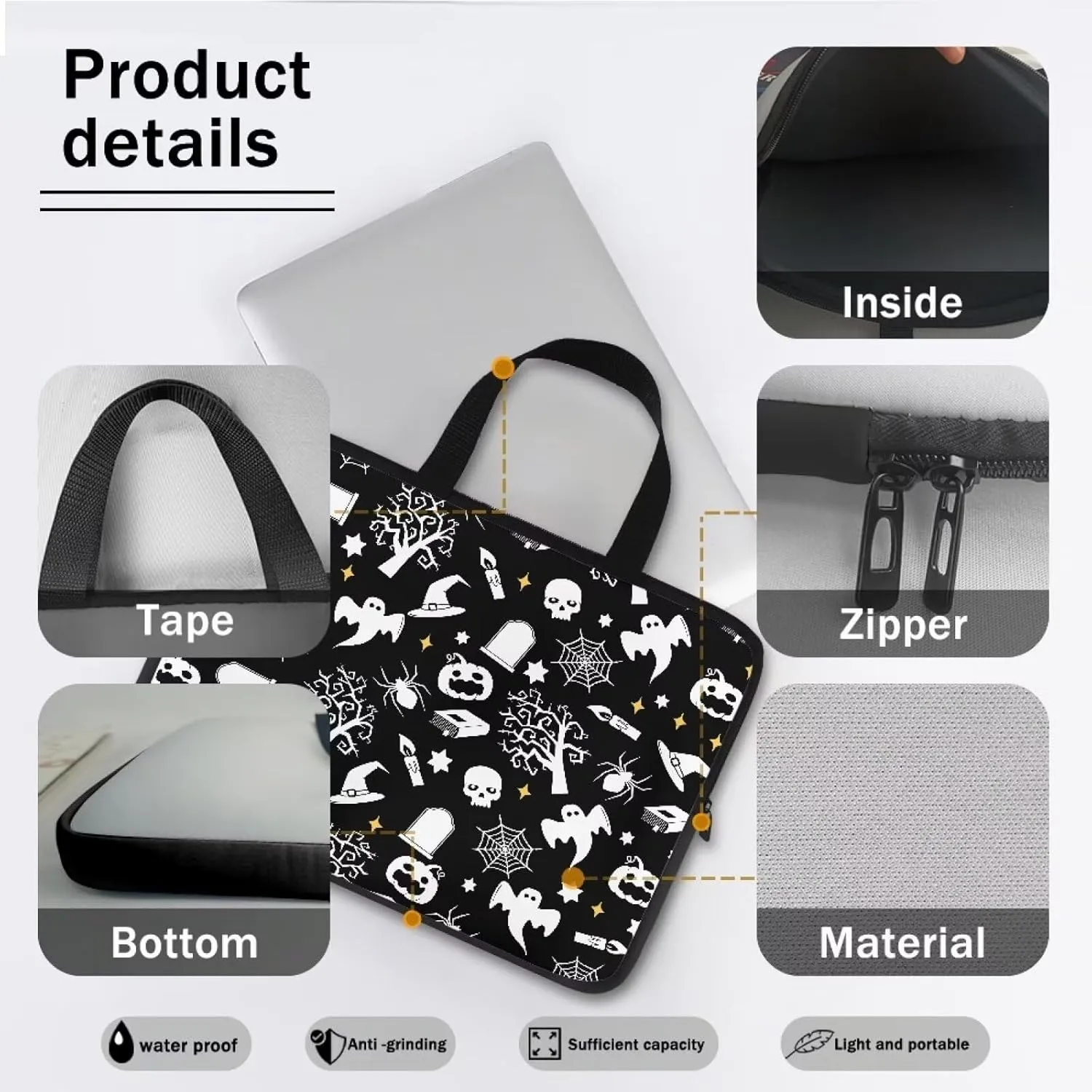 Bats Skulls Print Laptop Bag for Women Men Lightweight 14inch 15.6 Inch 17 inch Computer Bag Laptop Tote Bag Business Briefcase Large Handbag Professional Office Work Bag Gift for Women Men
