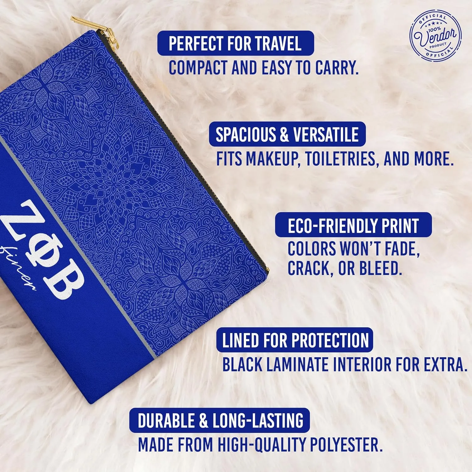 BBGreek Zeta Phi Beta Sorority Paraphernalia - Cosmetic Case, Makeup Pouch, Travel Bag Organizer Collection - Official Vendor
