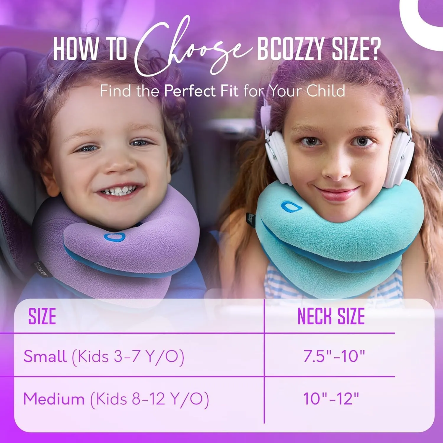 BCOZZY Kids Chin Supporting Travel Pillow for Ages 3–7- Patented Soft Neck Pillow for Head and Chin Support in Car Seat and Airplane. Comfortable Travel Essential. Small Size, Bag, Light Purple