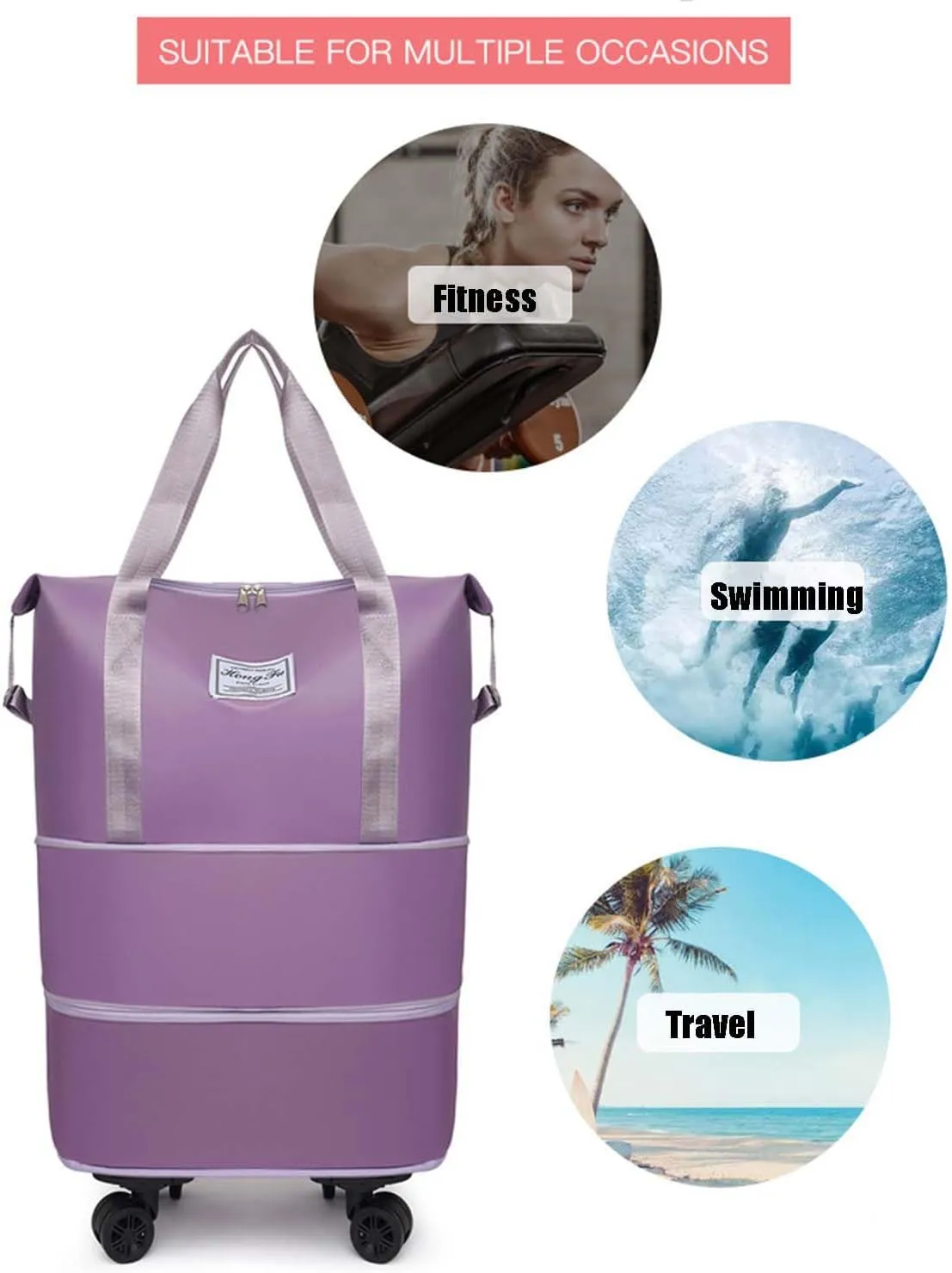 Beente Travel Bag with Wheels, Large Capacity Travel Bag, Universal Wheel Removable, Expandable Foldable Duffle Bag, Rolling with Wheels (Purple)