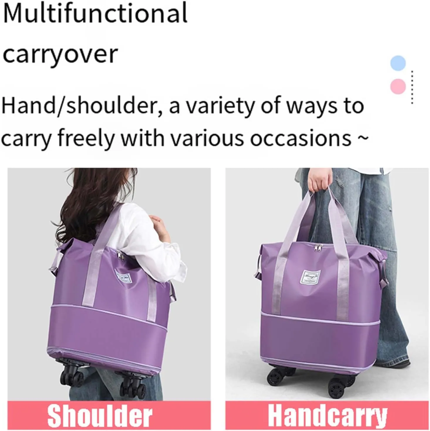 Beente Travel Bag with Wheels, Large Capacity Travel Bag, Universal Wheel Removable, Expandable Foldable Duffle Bag, Rolling with Wheels (Purple)
