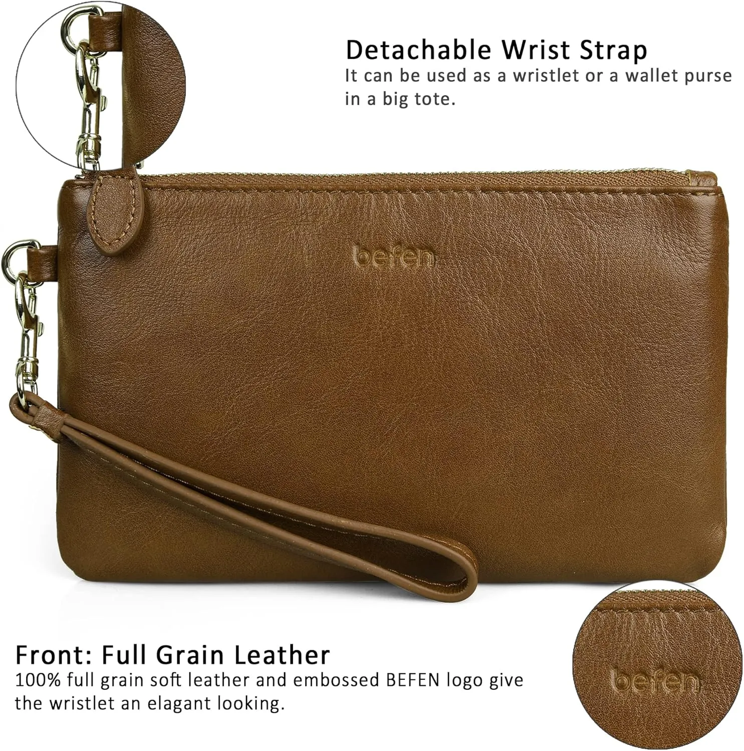 befen Women's Genuine Italian Leather Wristlet Clutch Wallet Purse, Gold Zipper