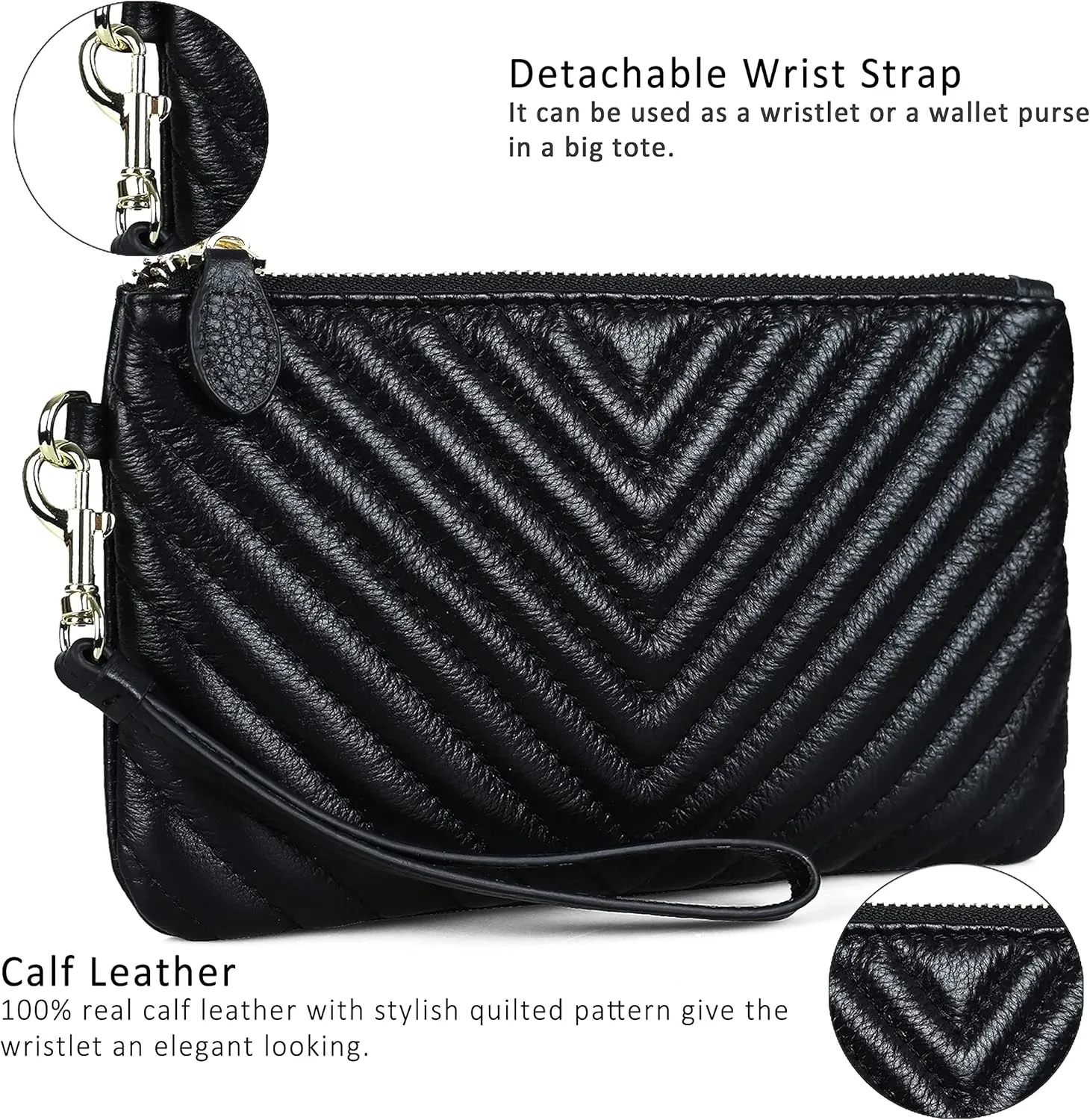 befen Women's Genuine Italian Leather Wristlet Clutch Wallet Purse, Gold Zipper