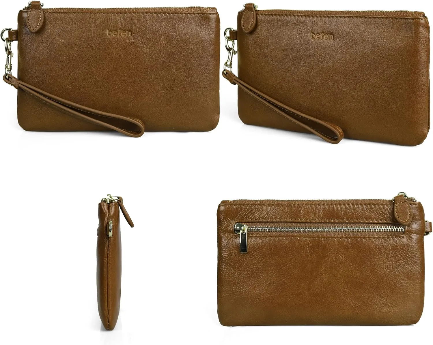 befen Women's Genuine Italian Leather Wristlet Clutch Wallet Purse, Gold Zipper