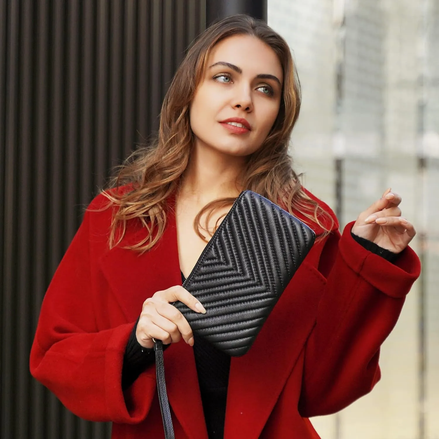 befen Women's Genuine Italian Leather Wristlet Clutch Wallet Purse, Gold Zipper