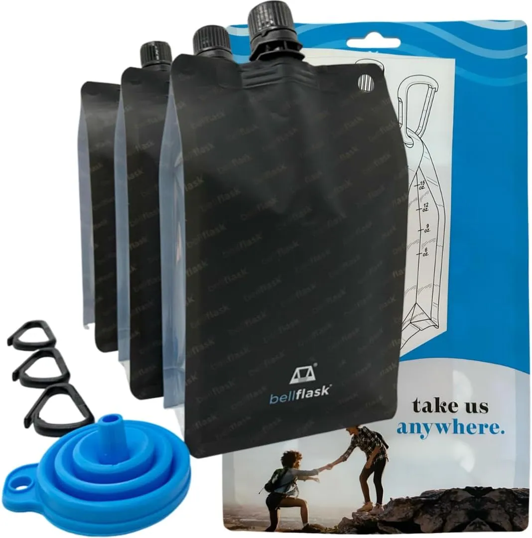 BellFlask - 15 oz. Plastic Flask, Patented, Flexible, Metal-Free, Reusuable, BPA-Free with Carabiner Clip and Filling Funnel