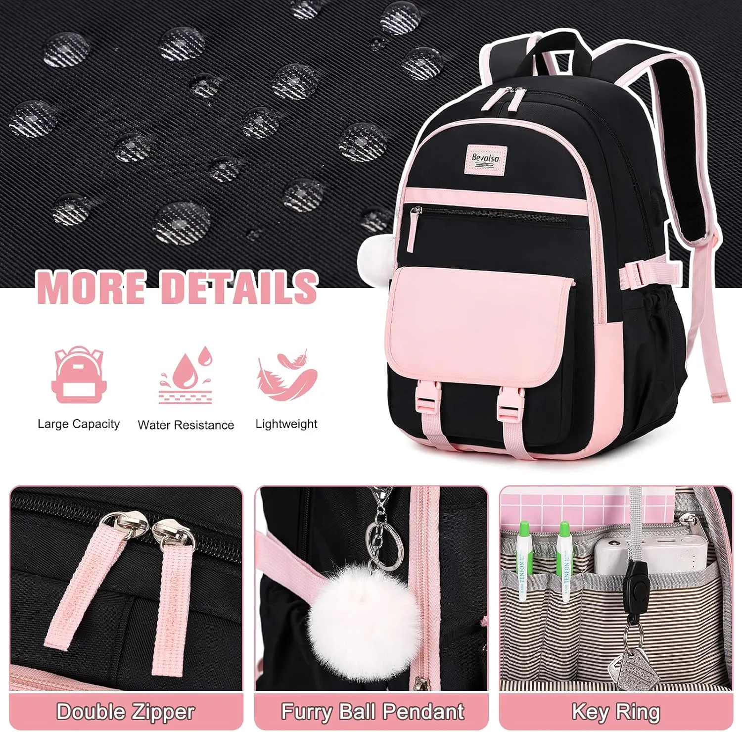 Bevalsa Backpacks for Women & Girls, 15.6" Laptop Backpack with Lunch Bag & Pencil Pouch for Teen to College Student Bookbag Daypack (Pink, Black)