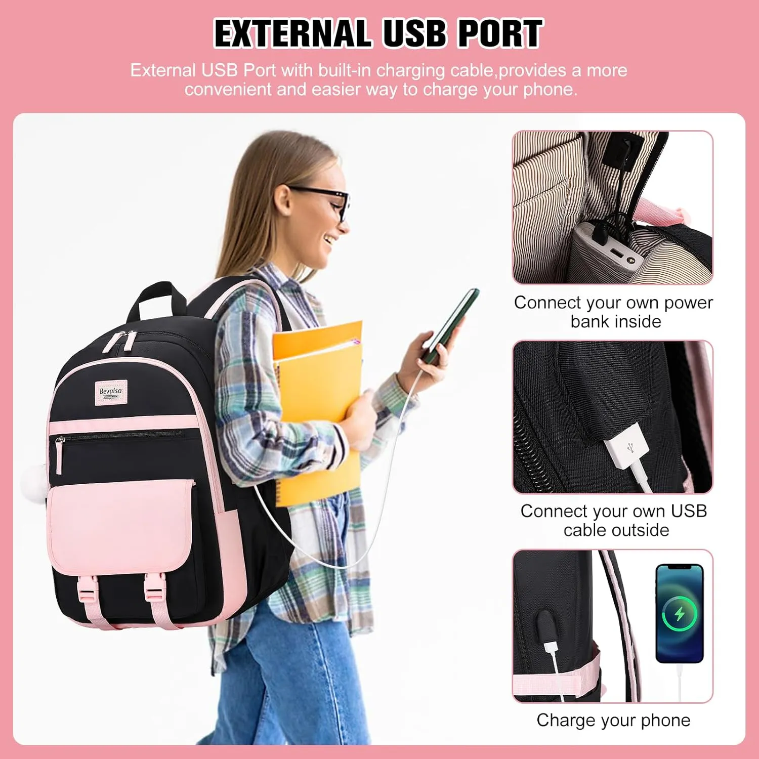 Bevalsa Backpacks for Women & Girls, 15.6" Laptop Backpack with Lunch Bag & Pencil Pouch for Teen to College Student Bookbag Daypack (Pink, Black)