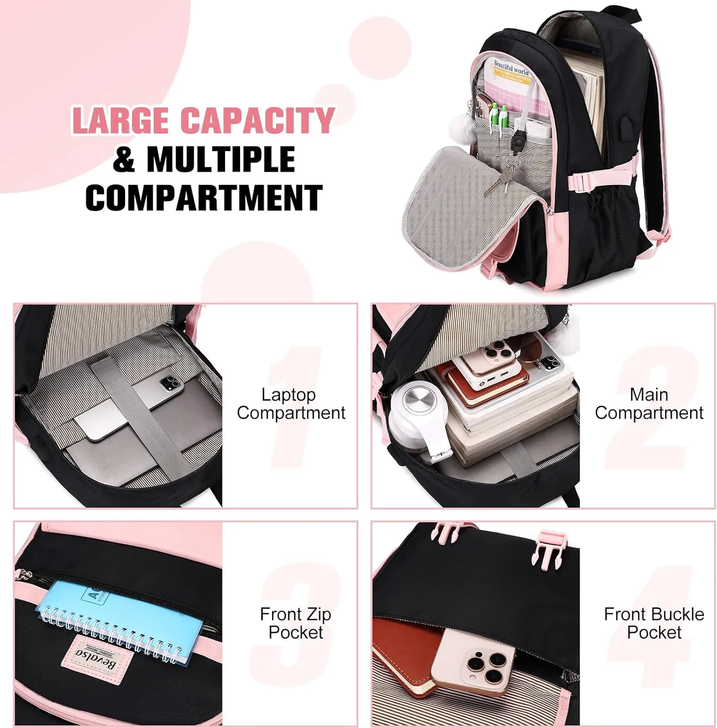 Bevalsa Backpacks for Women & Girls, 15.6" Laptop Backpack with Lunch Bag & Pencil Pouch for Teen to College Student Bookbag Daypack (Pink, Black)