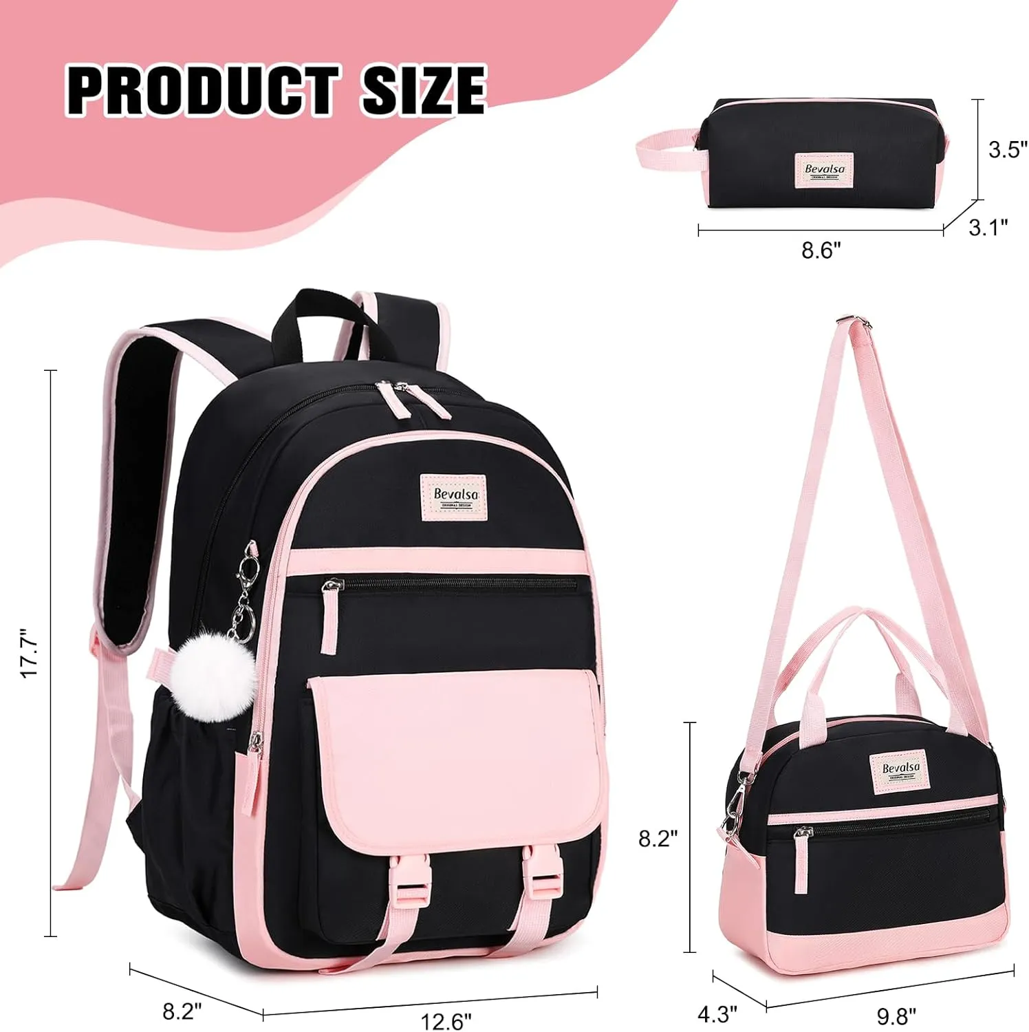 Bevalsa Backpacks for Women & Girls, 15.6" Laptop Backpack with Lunch Bag & Pencil Pouch for Teen to College Student Bookbag Daypack (Pink, Black)