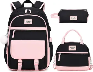 Bevalsa Backpacks for Women & Girls, 15.6" Laptop Backpack with Lunch Bag & Pencil Pouch for Teen to College Student Bookbag Daypack (Pink, Black)