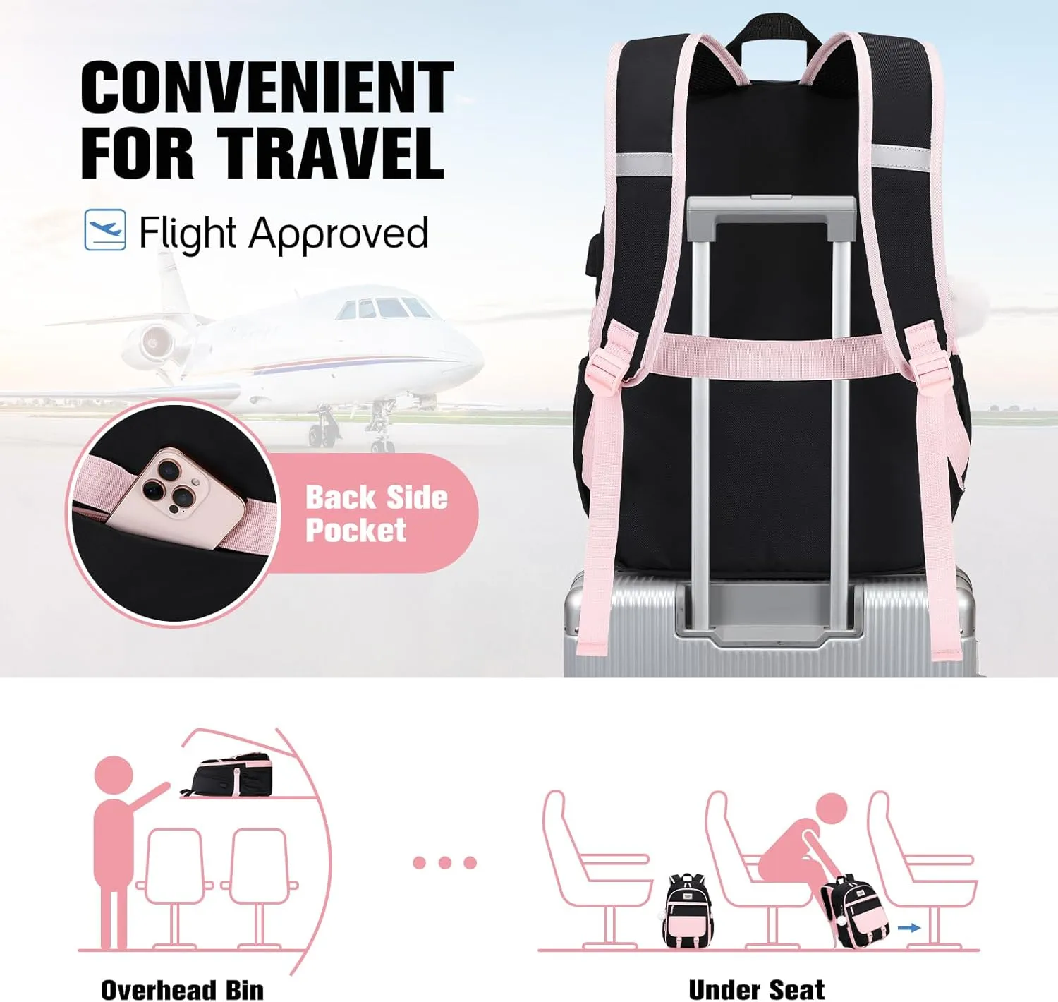 Bevalsa Backpacks for Women & Girls, 15.6" Laptop Backpack with Lunch Bag & Pencil Pouch for Teen to College Student Bookbag Daypack (Pink, Black)