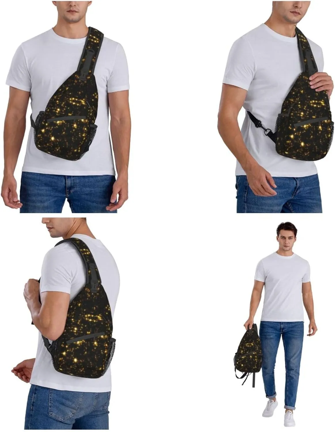 Black And Gold Wallpaper Print Crossbody Backpack Shoulder Bag Cross Chest Bag For Travel, Hiking Gym Tactical Use