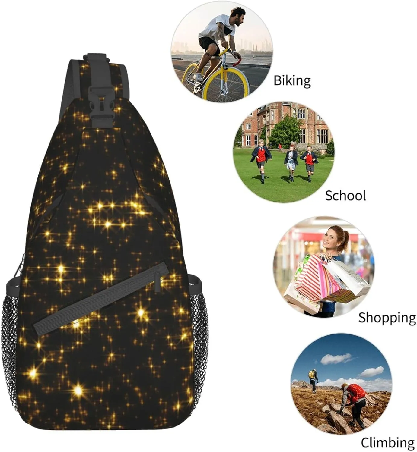 Black And Gold Wallpaper Print Crossbody Backpack Shoulder Bag Cross Chest Bag For Travel, Hiking Gym Tactical Use
